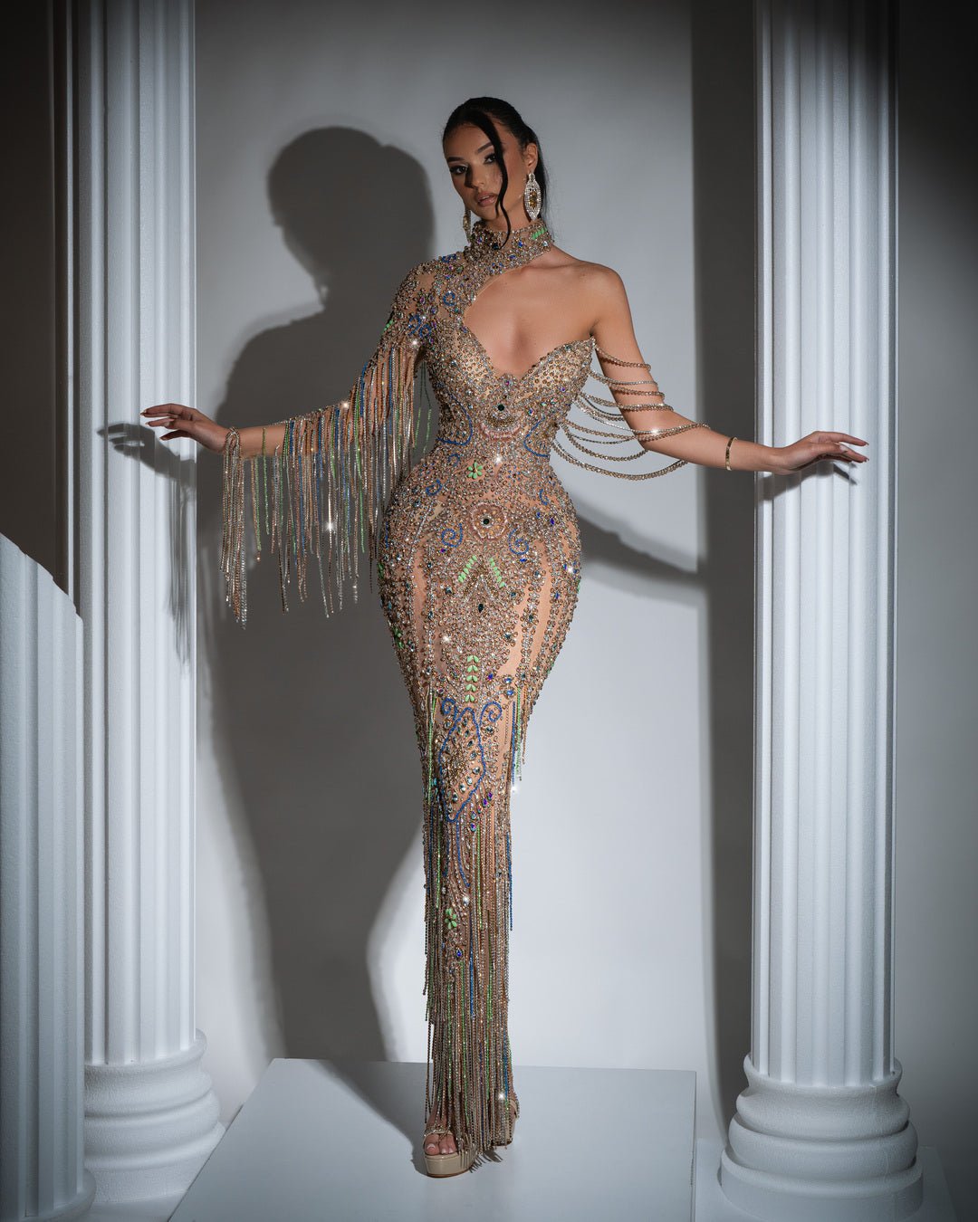 Jeanne Gold Dress with Crystals and Tassels