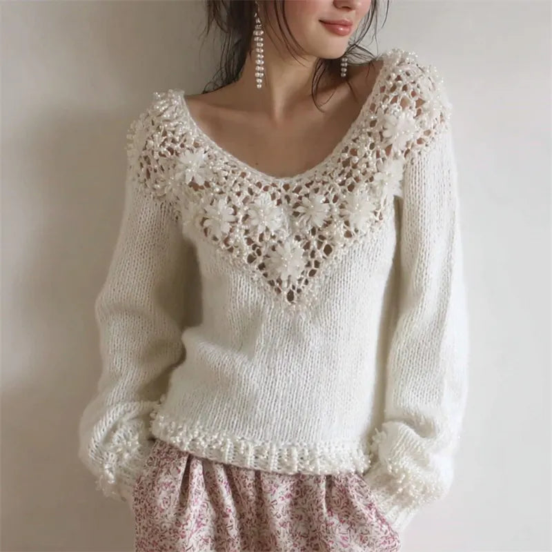 Vintage Pearls Beaded Floral Lace Cozy Knit Sweater