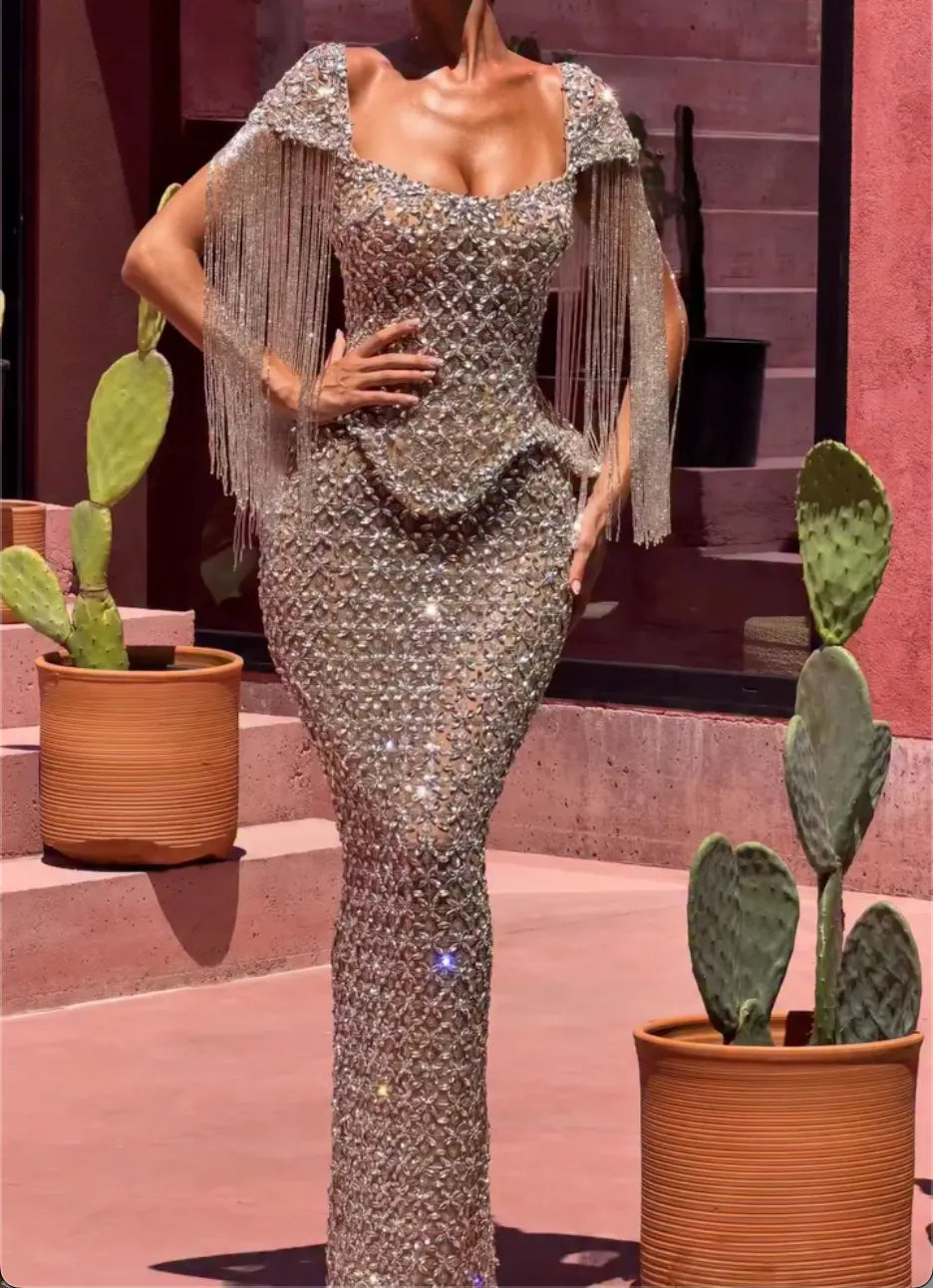 Silver Floral Rhinestone Mermaid Evening Gown, Sweetheart Square Neck Cape Fringe Sheer Mesh Formal Maxi Dress
