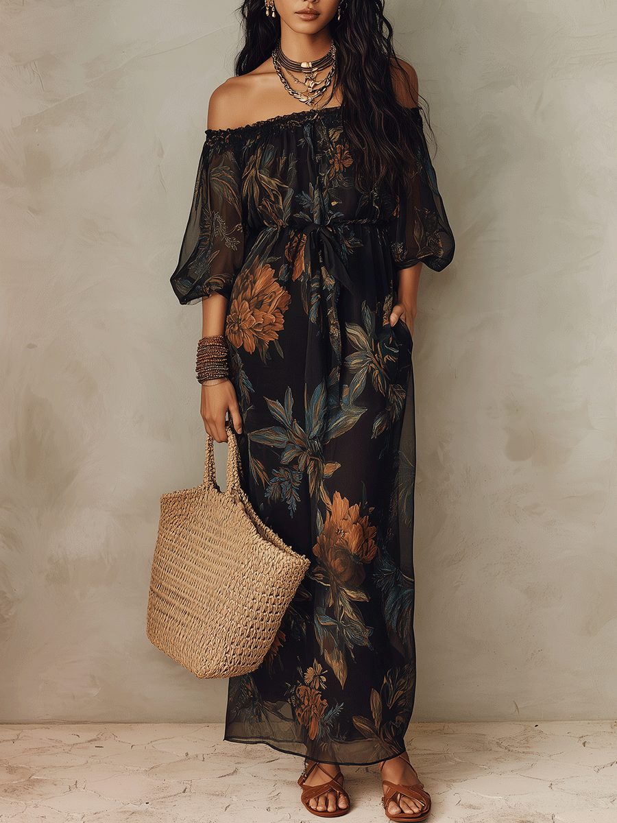 Effortless Coastal Elegance Dark Floral Sheer Overlay Maxi Dress