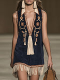 [24-hour shipping out]Casual Loose Vintage Suede Bohemian Embroidered Tassel Sleeveless Mini Dress