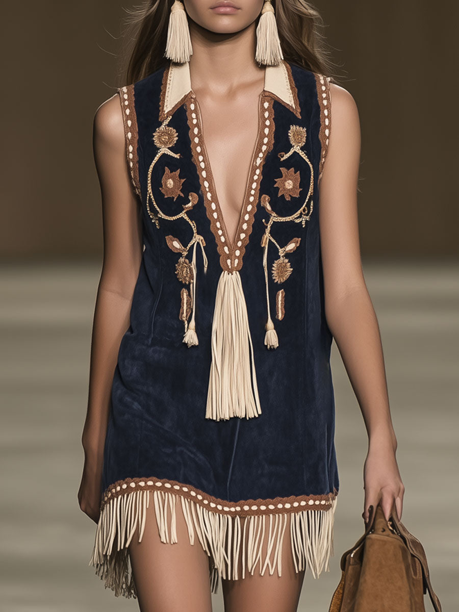 [24-hour shipping out]Casual Loose Vintage Suede Bohemian Embroidered Tassel Sleeveless Mini Dress