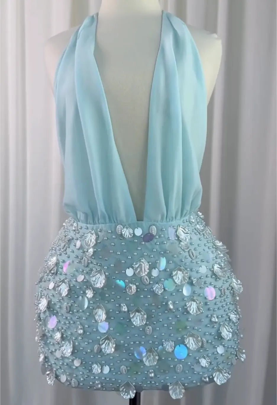 Halter Deep V Chiffon Mini Skirt Dress, Light Blue Seashell Sequin Beaded Vacation Party Evening Gown