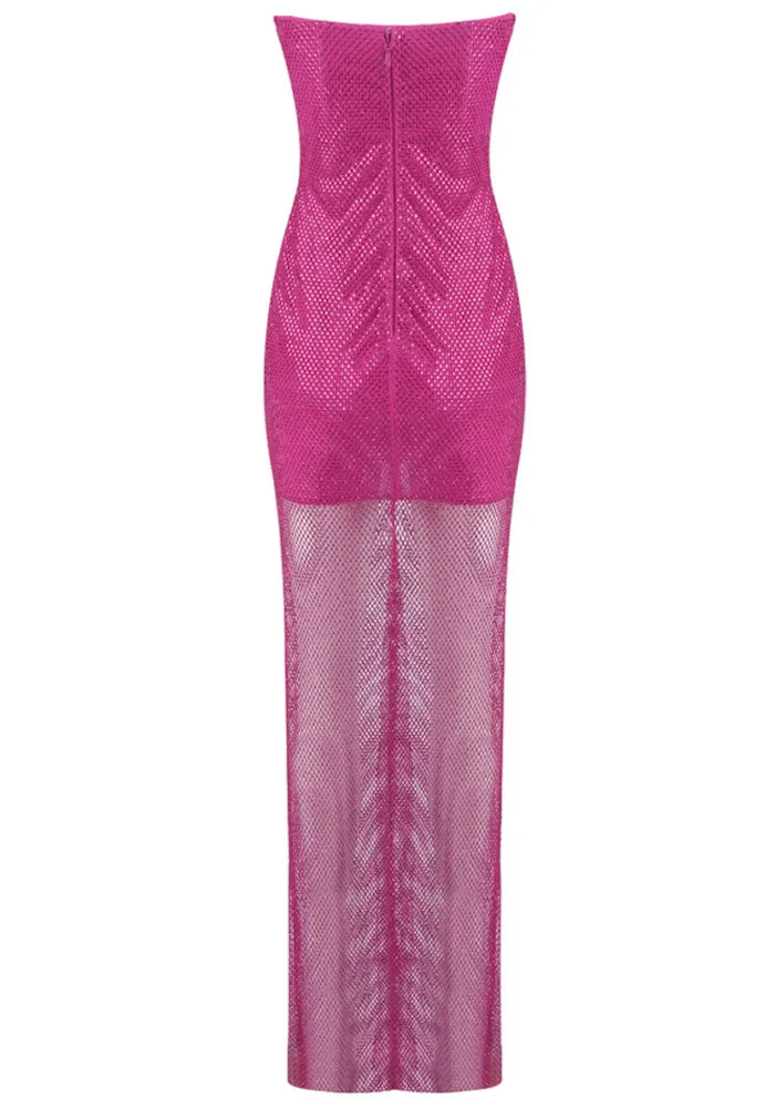 Strapless Sparkly Draped Maxi Dress Hot Pink