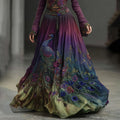 Vintage Classy Gradient Peacock With Floral Embroidered Art Linen Blend Casual Skirt