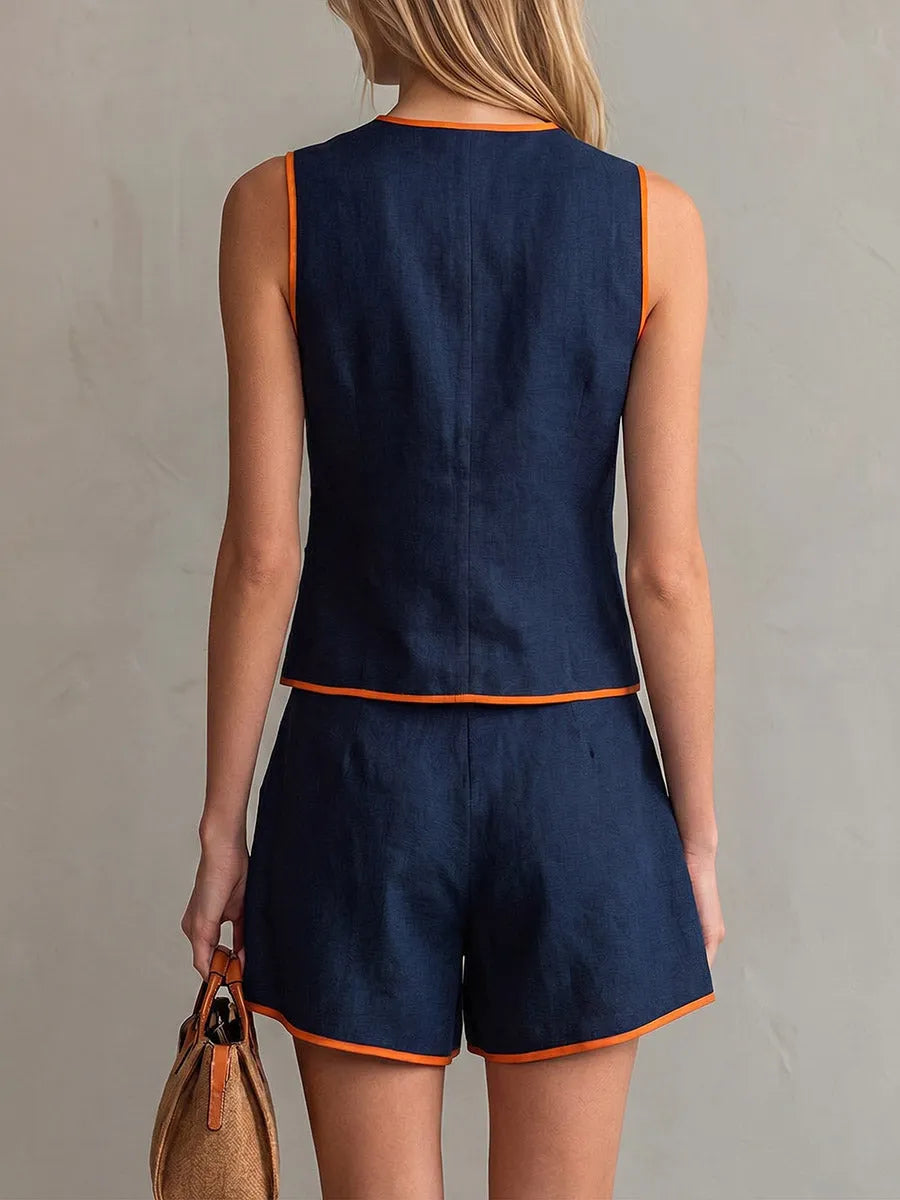 Women's Solid-color Set: Round-neck Sleeveless Loose-fit Cotton-linen Cardigan Top & High-waisted Wide-leg Shorts