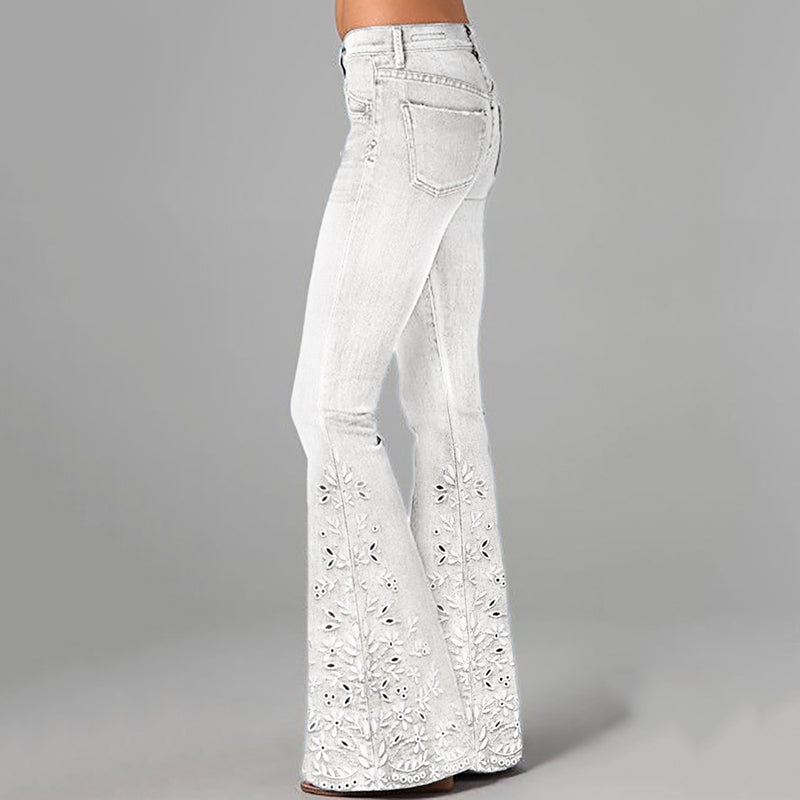 Boho Floral Hollow Embroidered Washed Flare Jeans