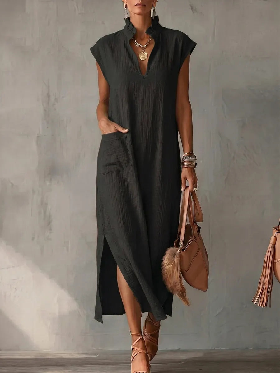 Pockets Ruffle Trim Solid Color Split-side Loose Sleeveless Stand Collar Midi Dresses