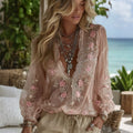 Women's Vintage Floral Embroidered Art Print Linen Blend Casual Tops