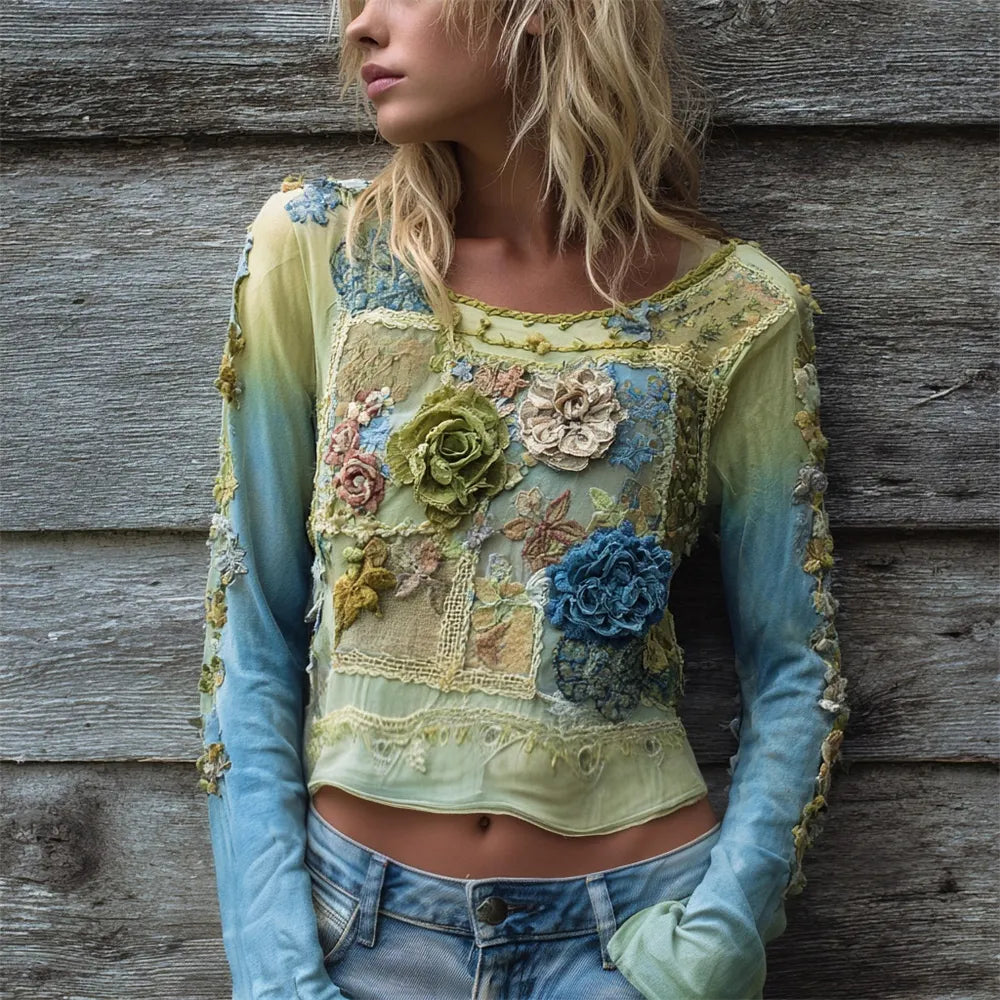 Boho Lace Floral Embroidery Tapering Women's Slim Long Sleeve Top