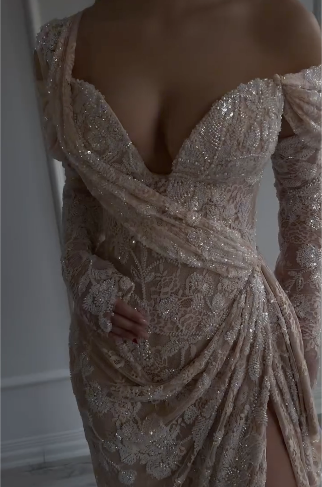 Nude Lace Rhinestone Long Sleeve Off-Shoulder Mermaid Wedding Dress