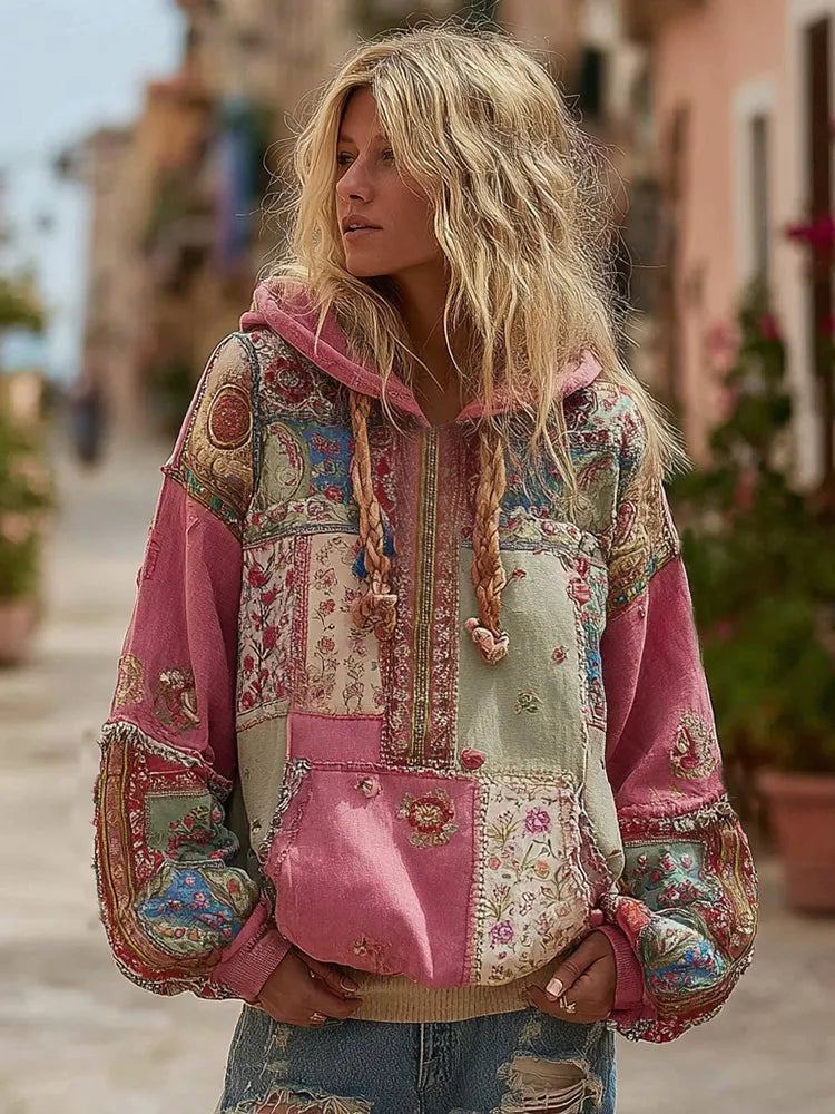 Women's Bohemian Floral And Ethnic Pattern Patchwork Cozy Warm Hoodie