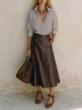 Effortless Office Stripe Shirt & Faux Leather Midi Skirt Set