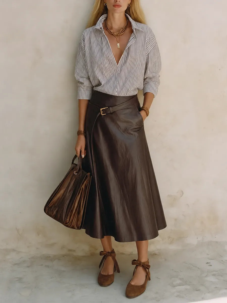 Effortless Office Stripe Shirt & Faux Leather Midi Skirt Set