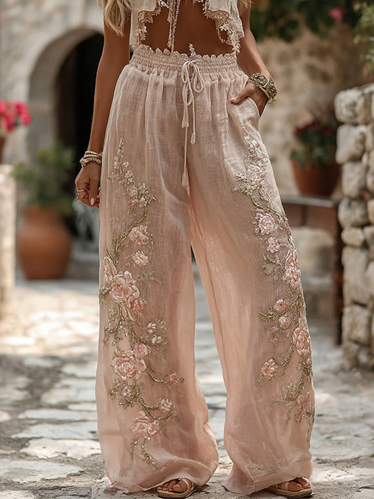 Women's Boho Rose Embroidery Art Linen Blend Pants