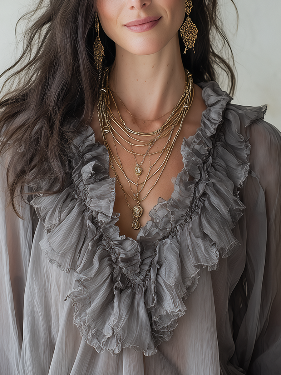 Romantic Ash Gray Cascading Ruffle Blouse