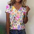 Women's Colorful Floral And Cat Art T-shirt