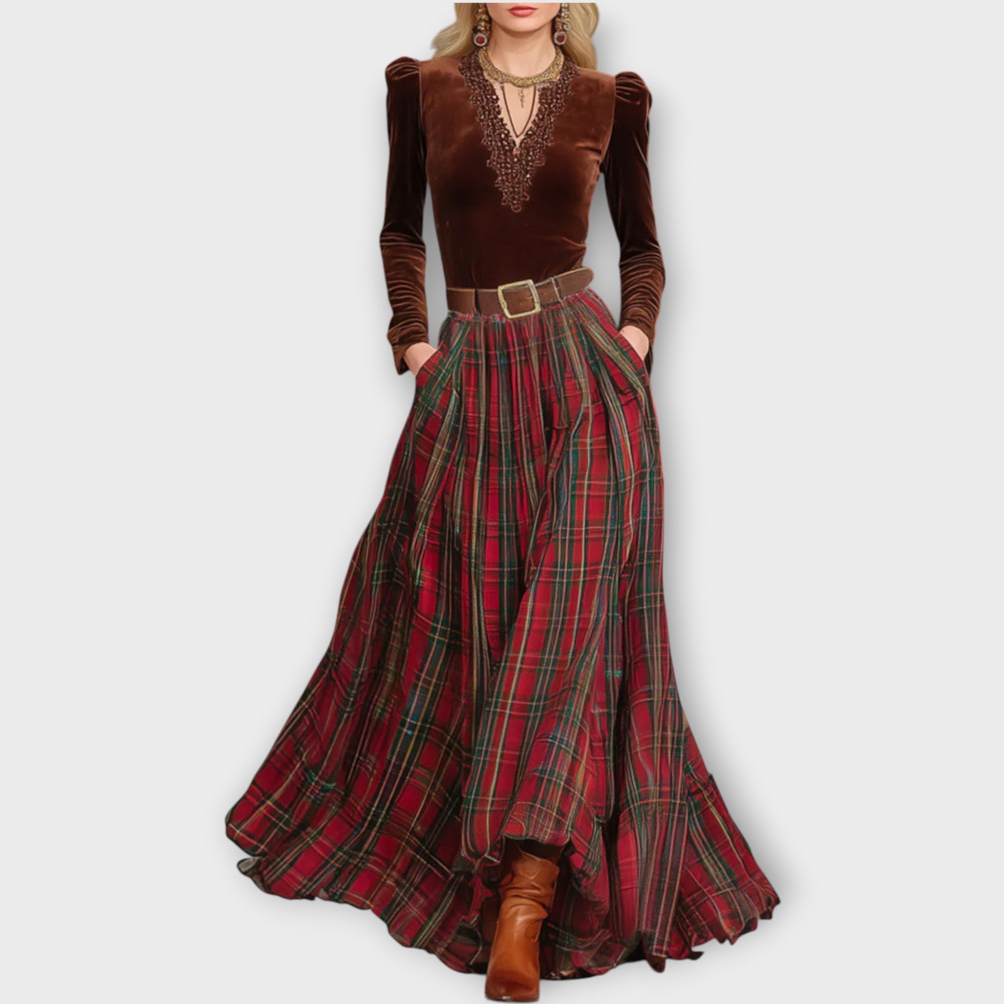 Velvet Plaid Maxi Dress