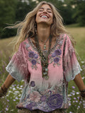 Classy Gradient Purple Lavender And Floral Embroidered Linen Short Sleeve T-shirt