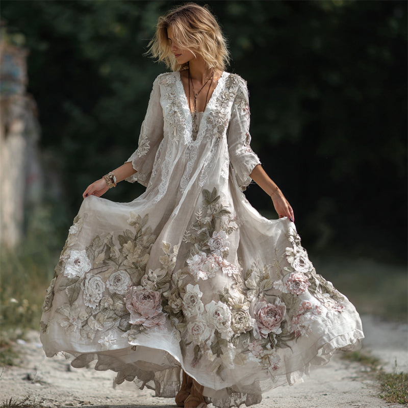 Boho Pink & White Flowers Fiber Art Flowy Linen Maxi Dress