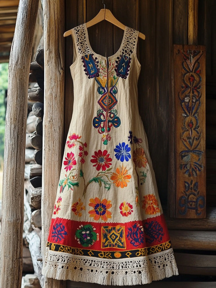 Women's Vintage Floral Embroidery Art Patchwork Dress
