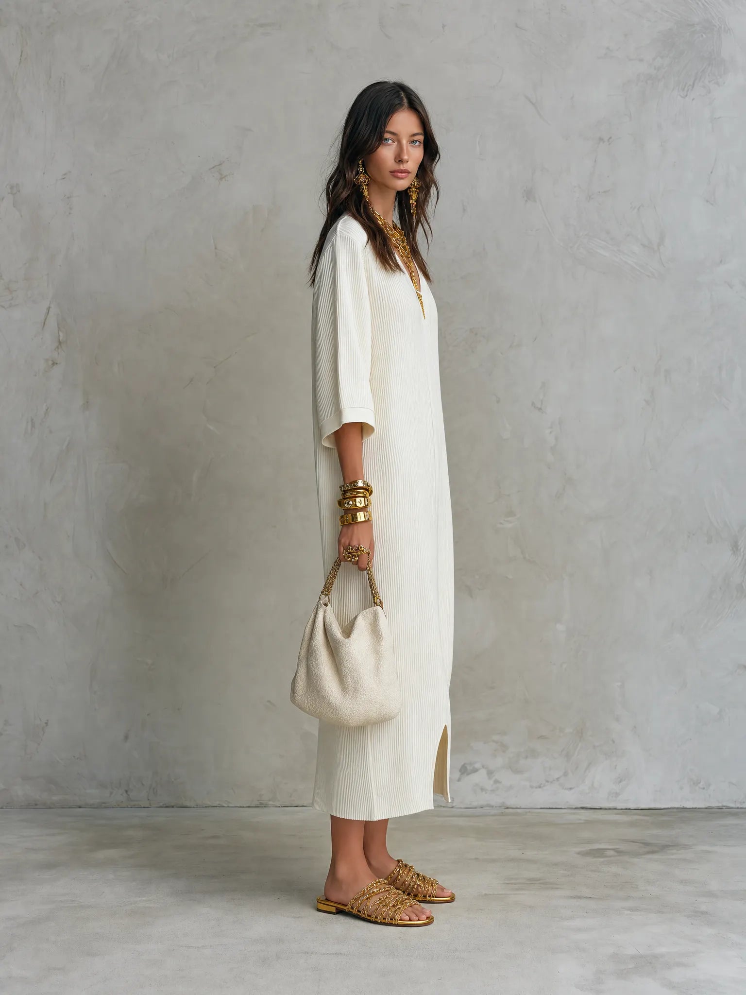 Ribbed Knit V-Neck With Batwing Sleeves Midi Dress