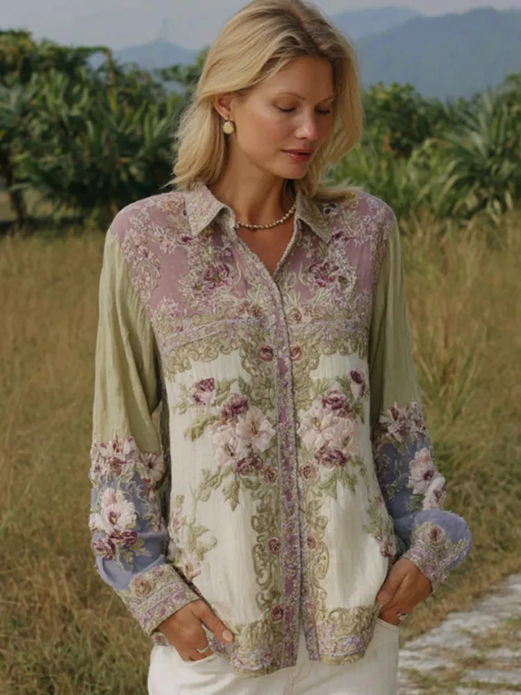 Women's Floral Embroidery Color Block Casual Long-sleeved Shirt