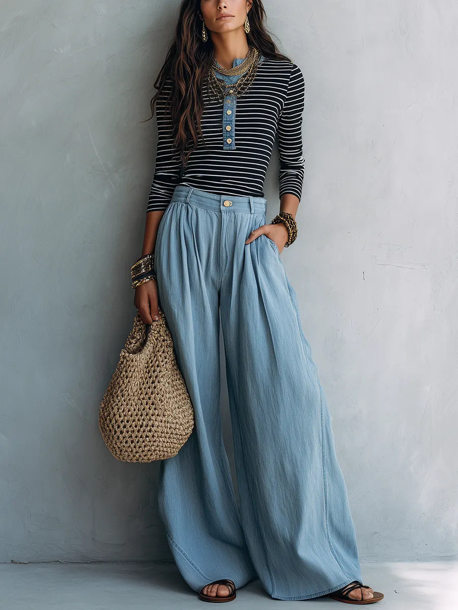 Modern Bohemian Henley Stripe Tee & Chambray Wide Leg Pants Set