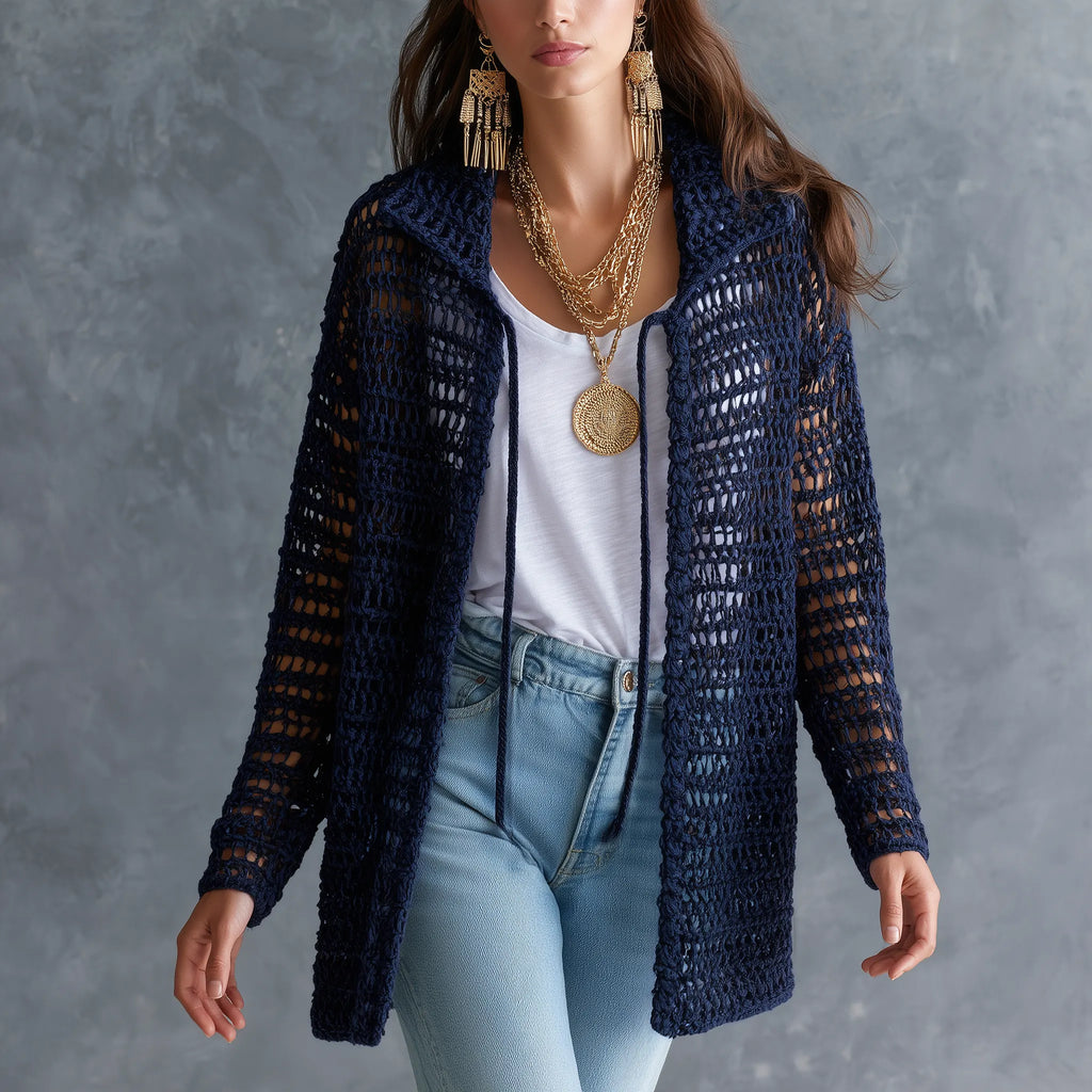 Coastal Boho Open-Knit Long-Sleeve Hollow-Out Dark Blue Duster Cardigan