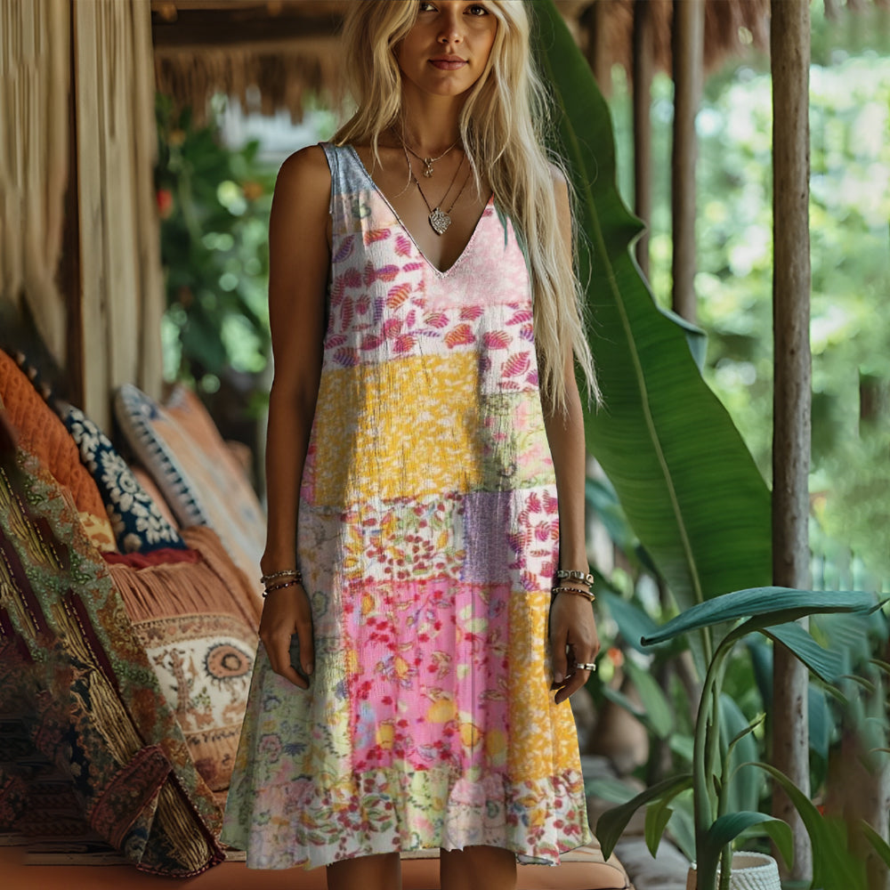 Rustic Floral Print Women's Linen Vest Dress
