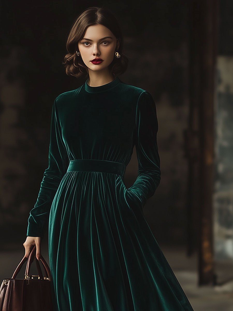 [24-hour shipping out]Stand Collar Loose Party Pocket Solid Velvet Long Sleeve Maxi Dress