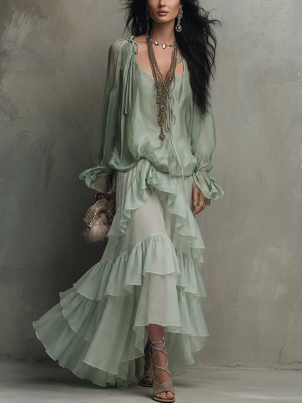 Bohemian Mint Chiffon Ruffle Blouse With Layered Skirt