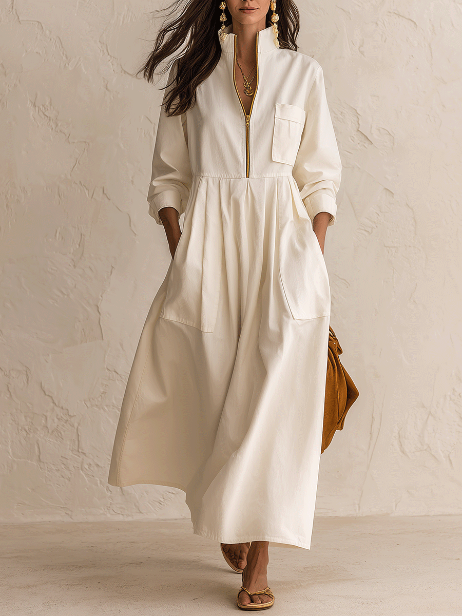 Women's Half-Zip Stand Collar Long Sleeve Pockets Maxi Dress