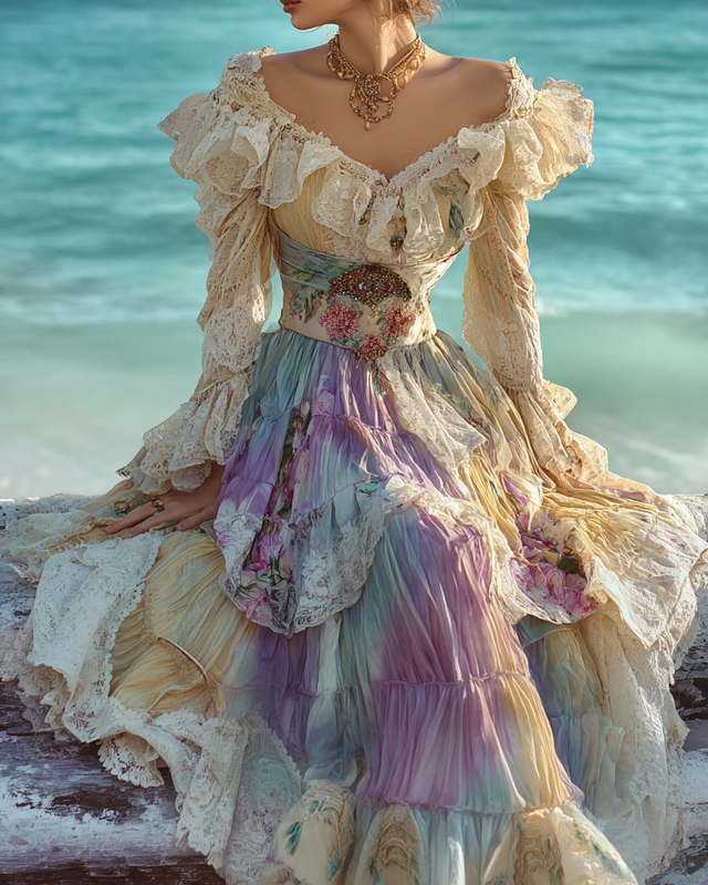 Summer Floral Embroidered Lace Patchwork Comfortable Dress 12bb