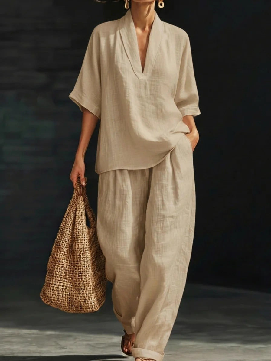 Gurtons Coastal Chic 2-Piece Set - V-Neck Linen-Textured Tunic & Wide-Leg Pants Lounge Set