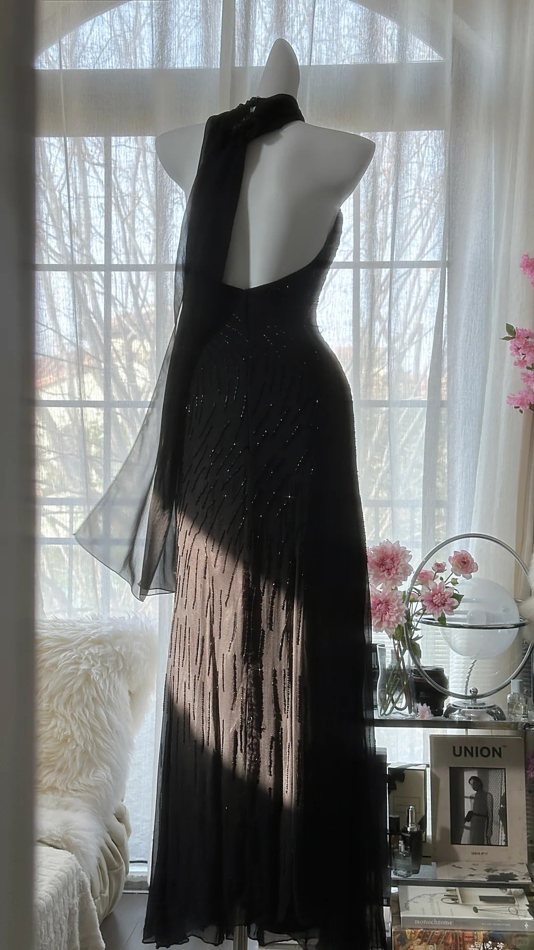 Black Shiny Vintage Elegant Romantic Delicate Pink Floral Beading Long Chiffon Homecoming Ball Gown Evening Dress Birthday/Wedding Guest/Holiday Party Dress Prom Dress 4025