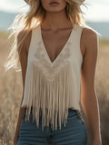 [24-hour shipping out]Exquisite And Fashionable Western Embroidery Tassel Beige V-Neck Vest