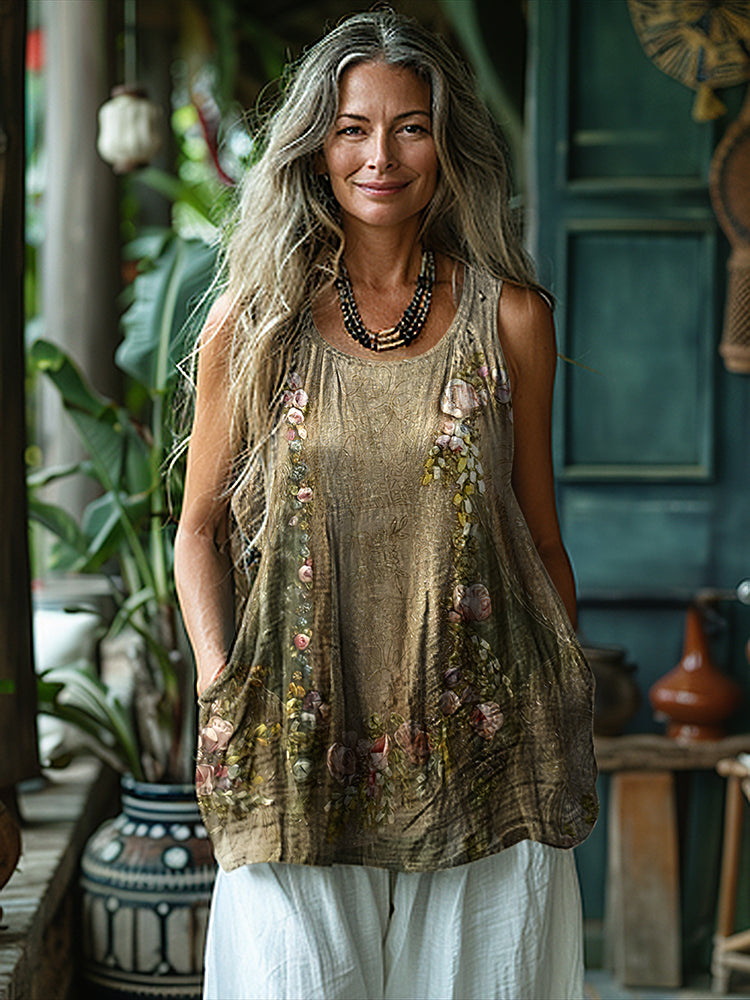Vintage Tribal Floral Art Sleeveless Linen Blend Tank Top
