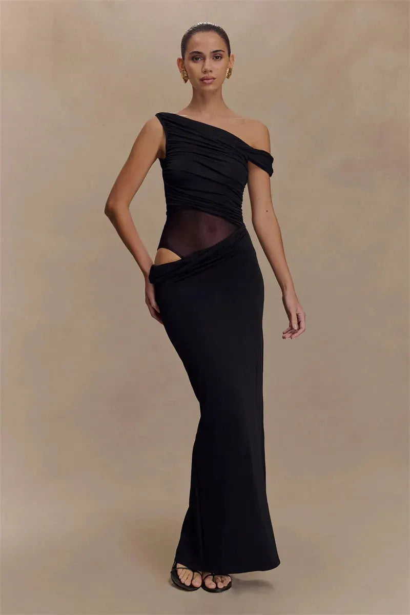 Marcelle One Shoulder Ruched Mesh Cut Out Maxi Dress – Black or Sage Green Summer Bodycon Gown