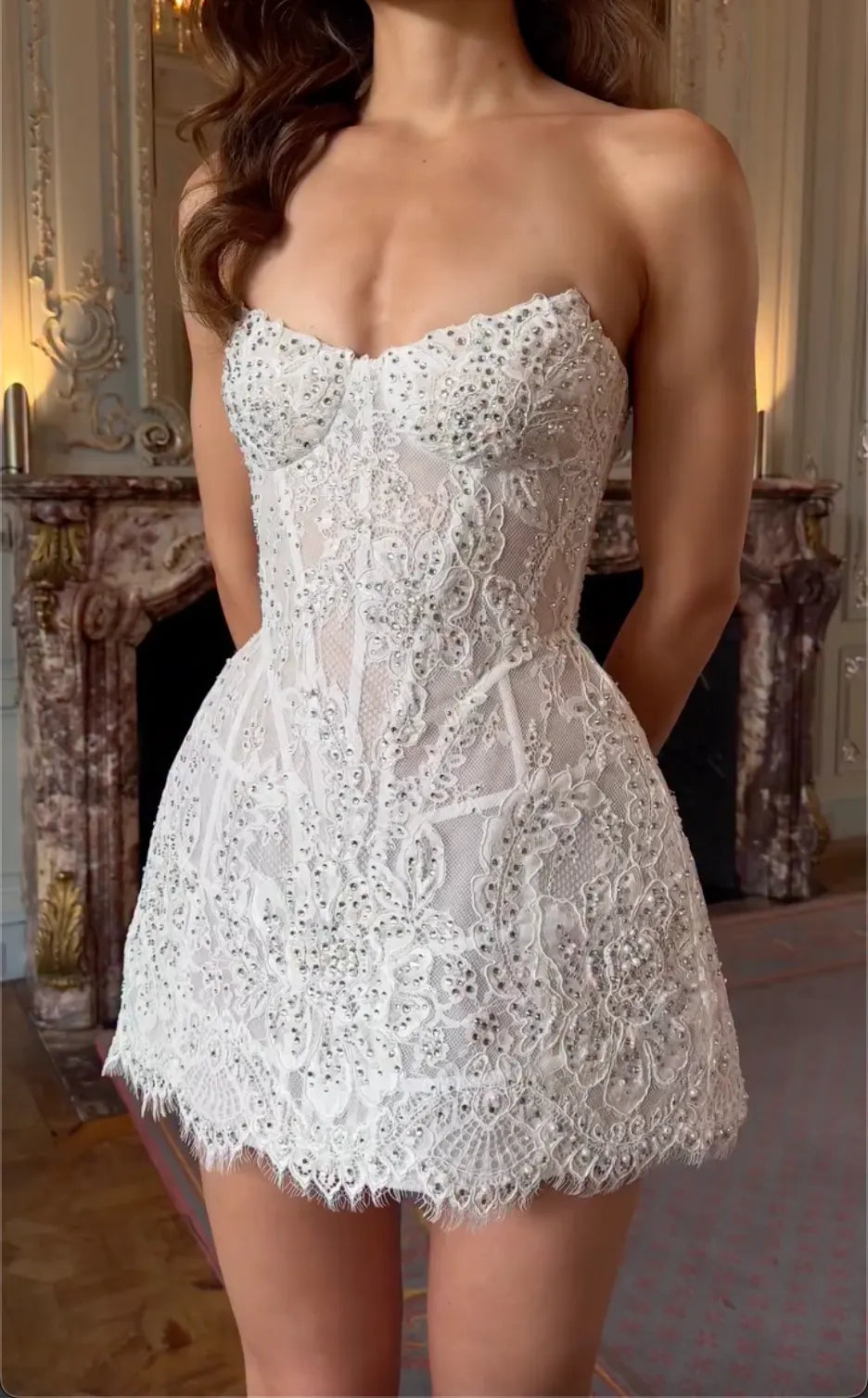 Strapless Sweetheart Rhinestone Floral Lace Corset Mini Dress, Short Reception Bridal Gown