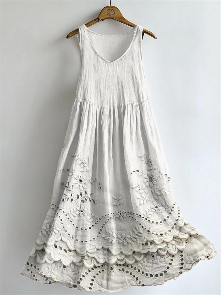 Cottage Floral Lace Embroidered Flowy Linen Tank Dress