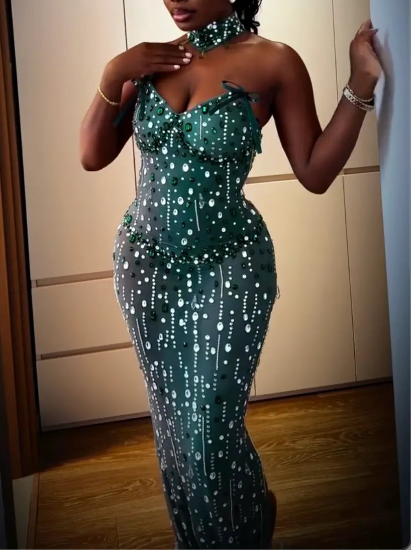 Spaghetti Strap Bow Sweetheart Emerald Rhinestone Sheer Mermaid Evening Gown, Matching Beaded Choker Dark Green Formal Maxi Dress