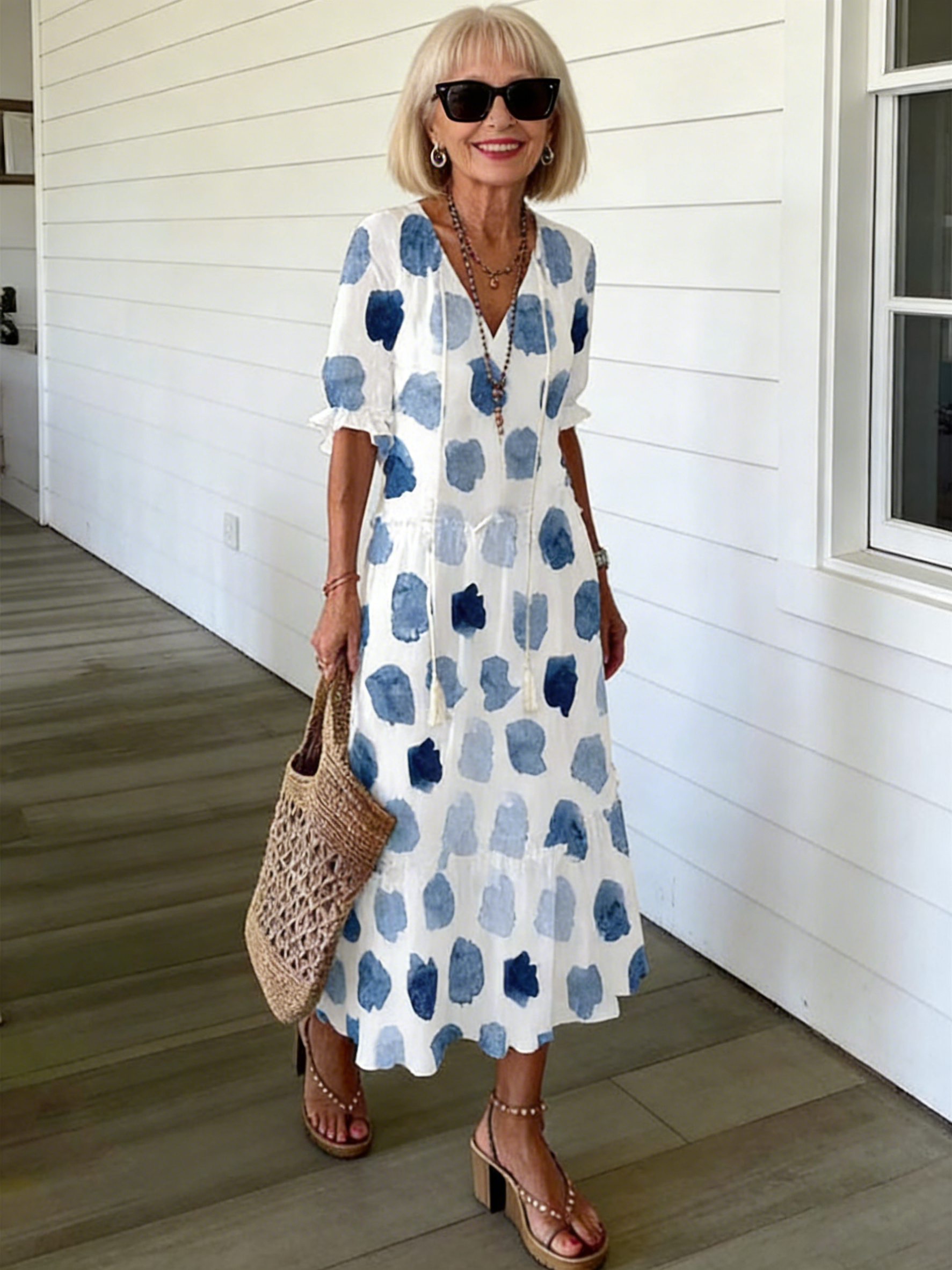 Half Sleeve Floral Print Summer Fall V Neck Casual Geometric Printed Dress