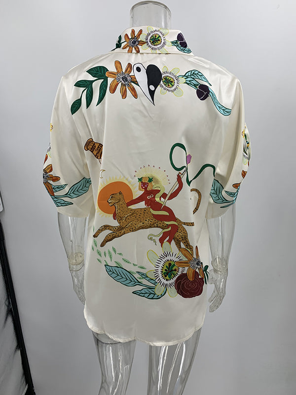 Buttoned Drawstring Elasticity Flower Print Pockets Half Sleeves Loose Lapel Two Pieces Set Pants Set