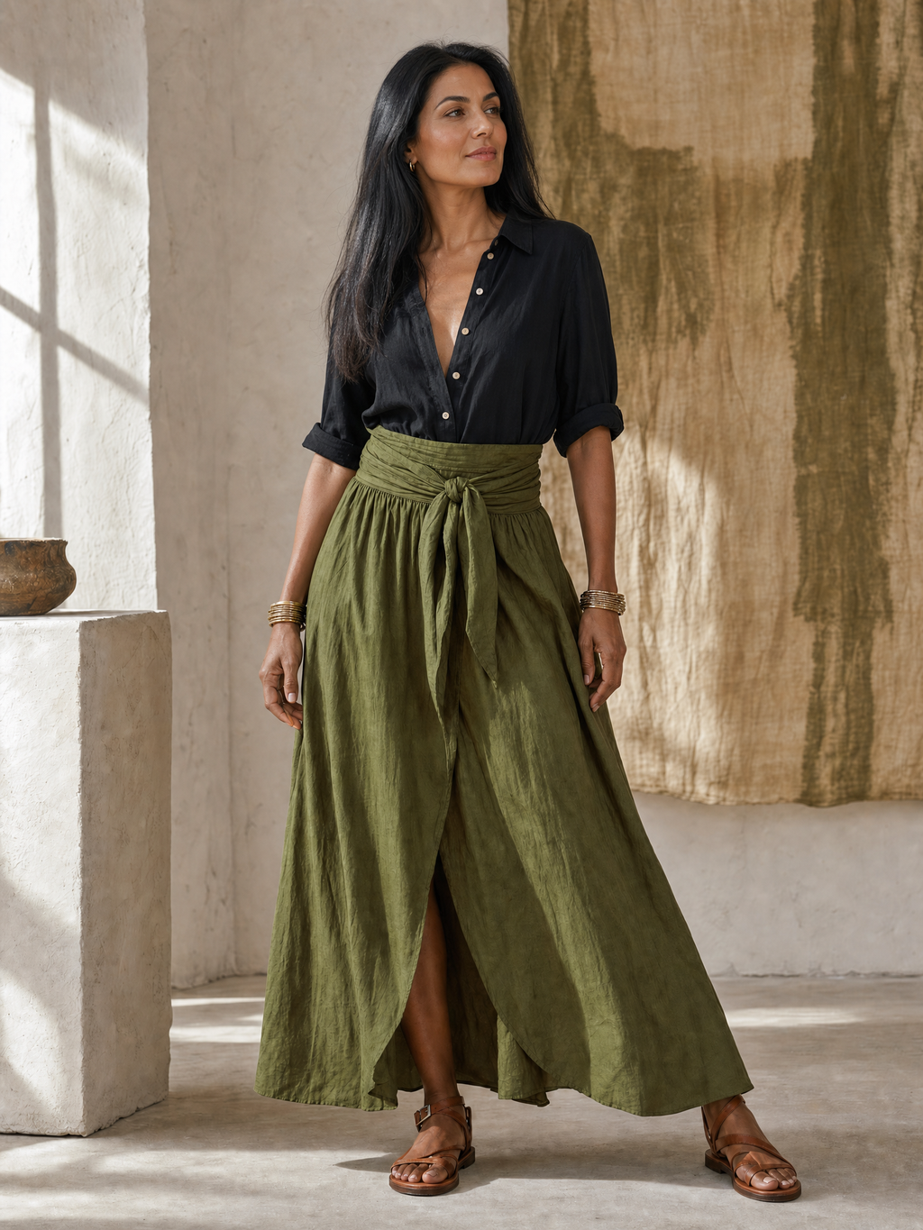Effortless Boho Black Blouse & Olive Satin Midi Skirt Set
