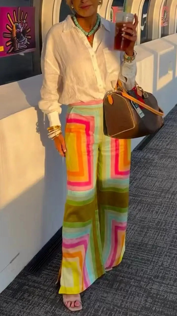 White Linen Shirt & Colorful Geometric Wide-Leg Pants Set