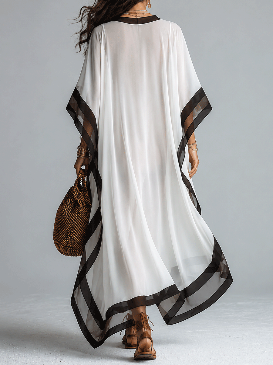 Elegant Resort Chiffon Contrast-Trim V-Neck White Kaftan Maxi Dress
