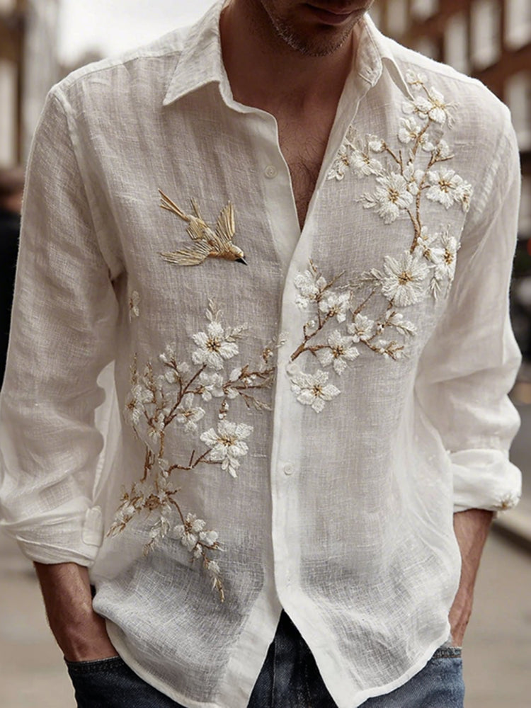 Men's Vintage Floral With Bird Embroidered Art Linen Blend Shirt