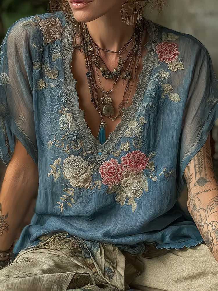 Women's Vintage Floral Embroidery V-neck T-shirt