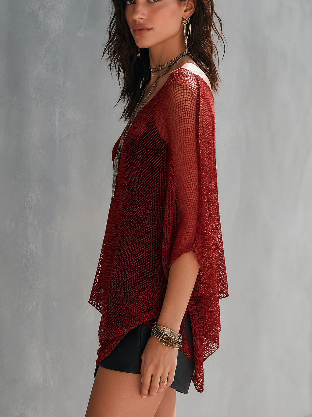 Bohemian Mesh Resort Deep Red Sheer Layered Top